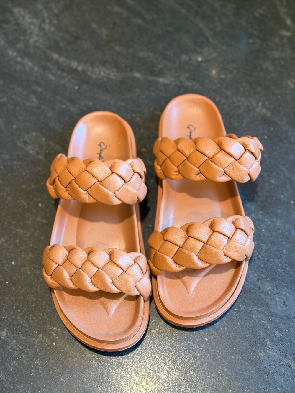 Qupid Braided Double-Strap Slide Sandals in Tan
